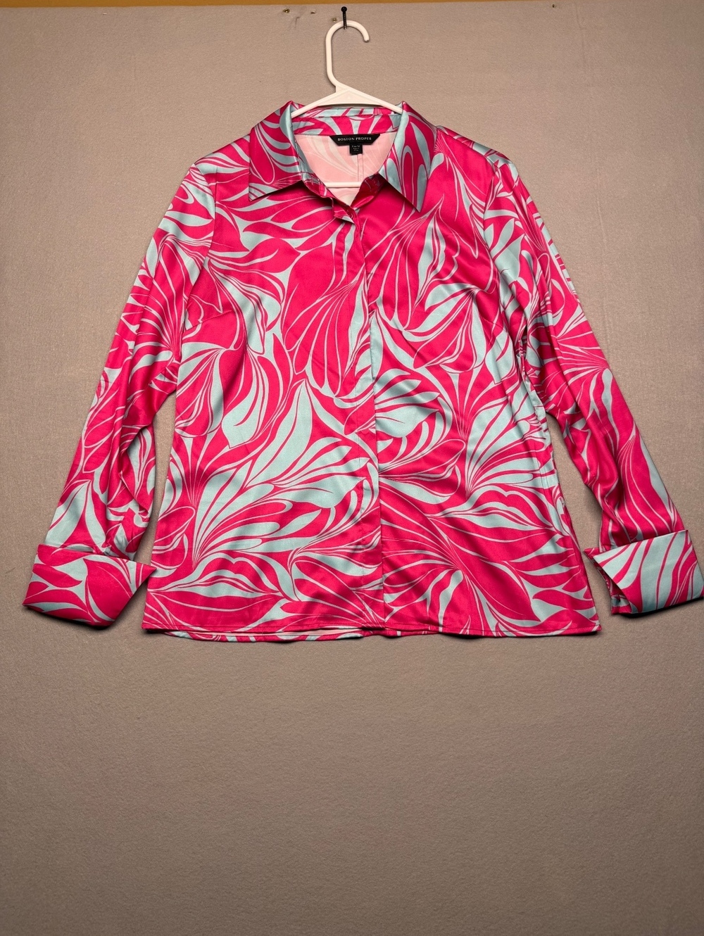 Boston Proper Button-Up Blouse Women Size 12 Pink Floral